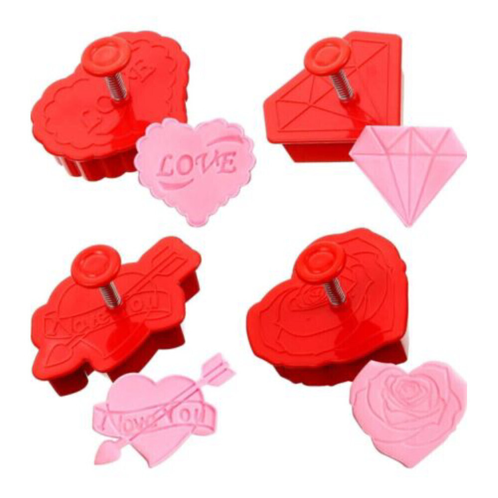 4 Pieces Valentine Cookie Cutters Set, Fondant Pastry Stamper, Rose, Love Heart